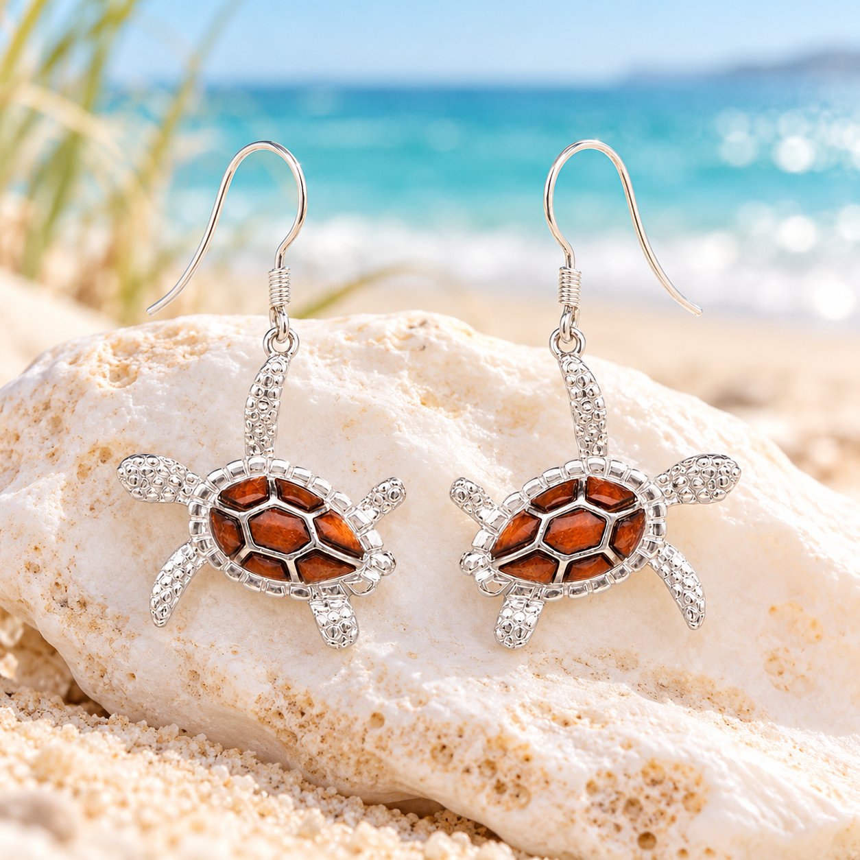 Crabby Mermaid sterling silver koa wood sea turtle earrings