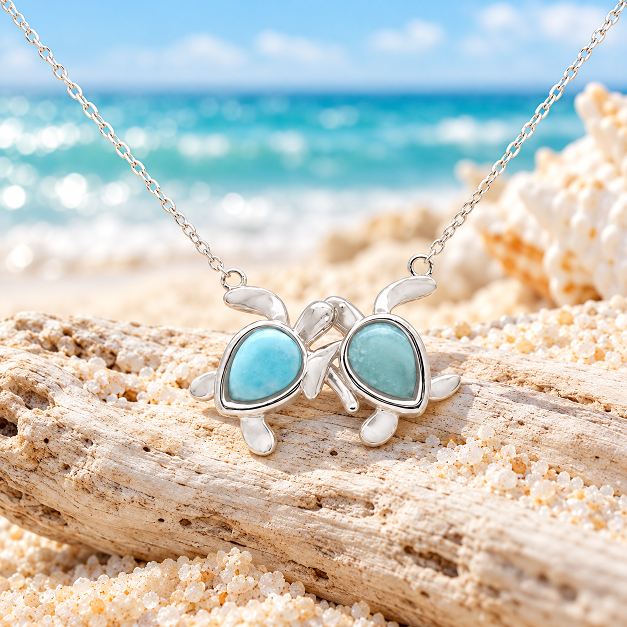 Crabby Mermaid Larimar double sea turtle necklace on driftwood
