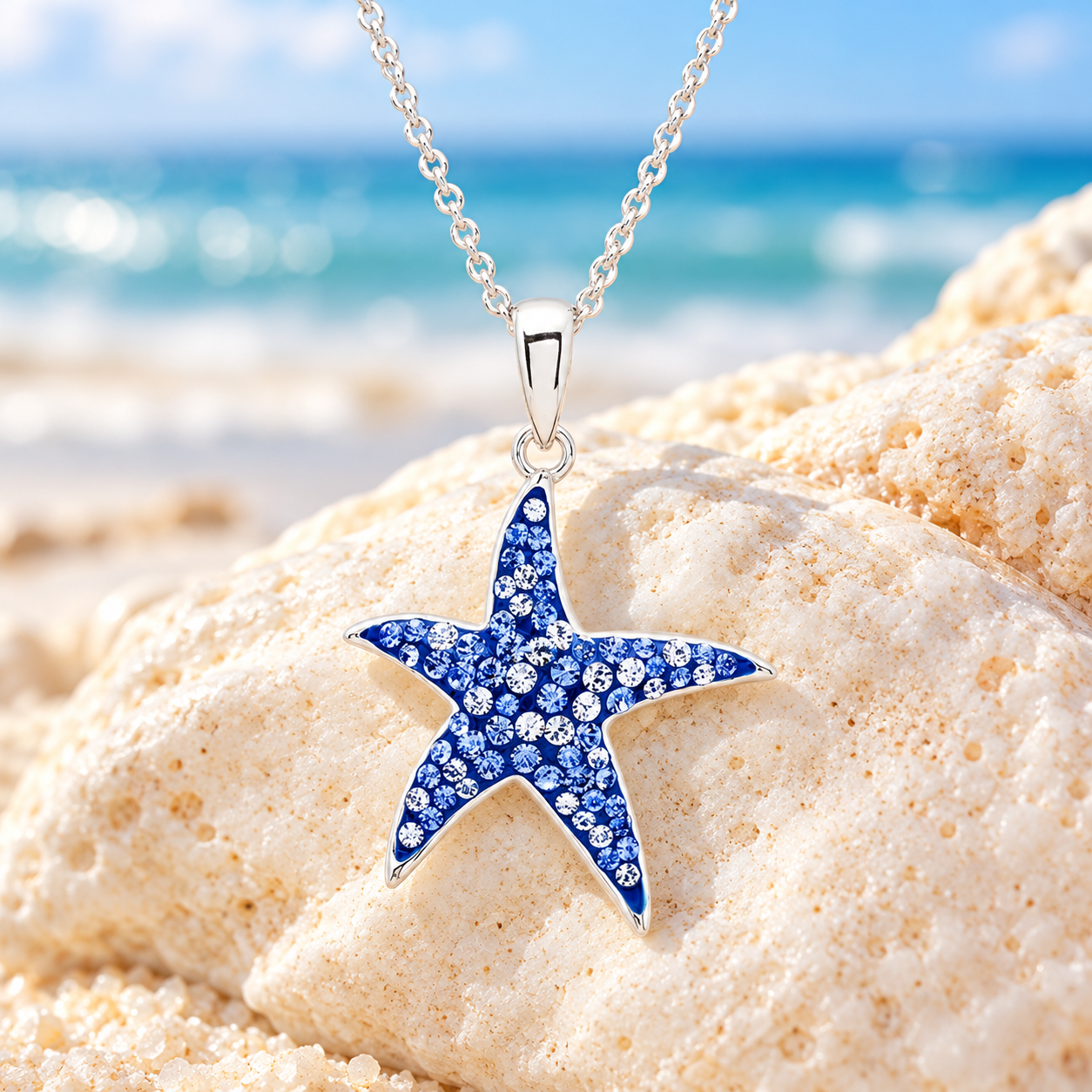 Crabby Mermaid blue crystal starfish necklace