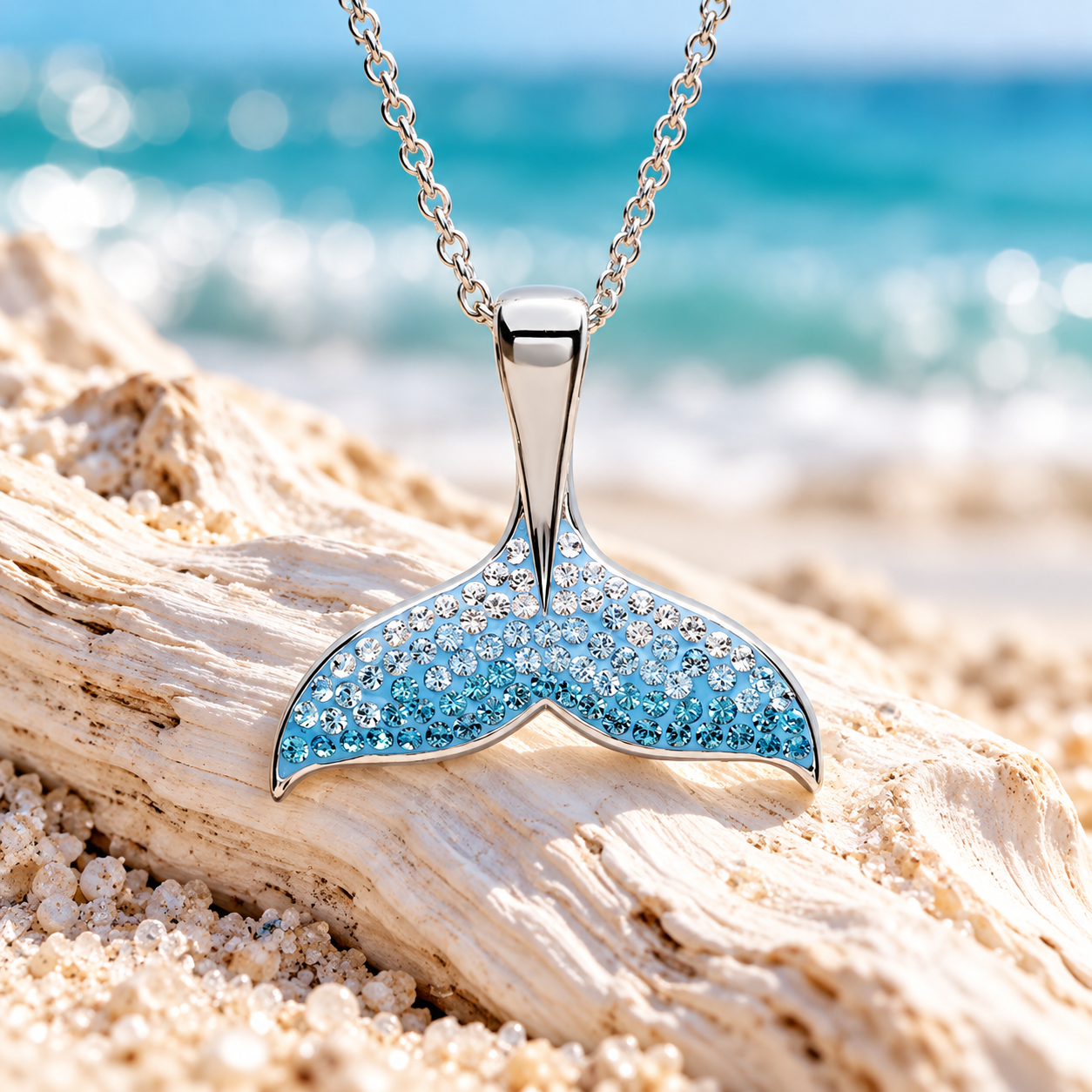 Crabby Mermaid Ocean Jewelry Collection blue crystal whale tail necklace
