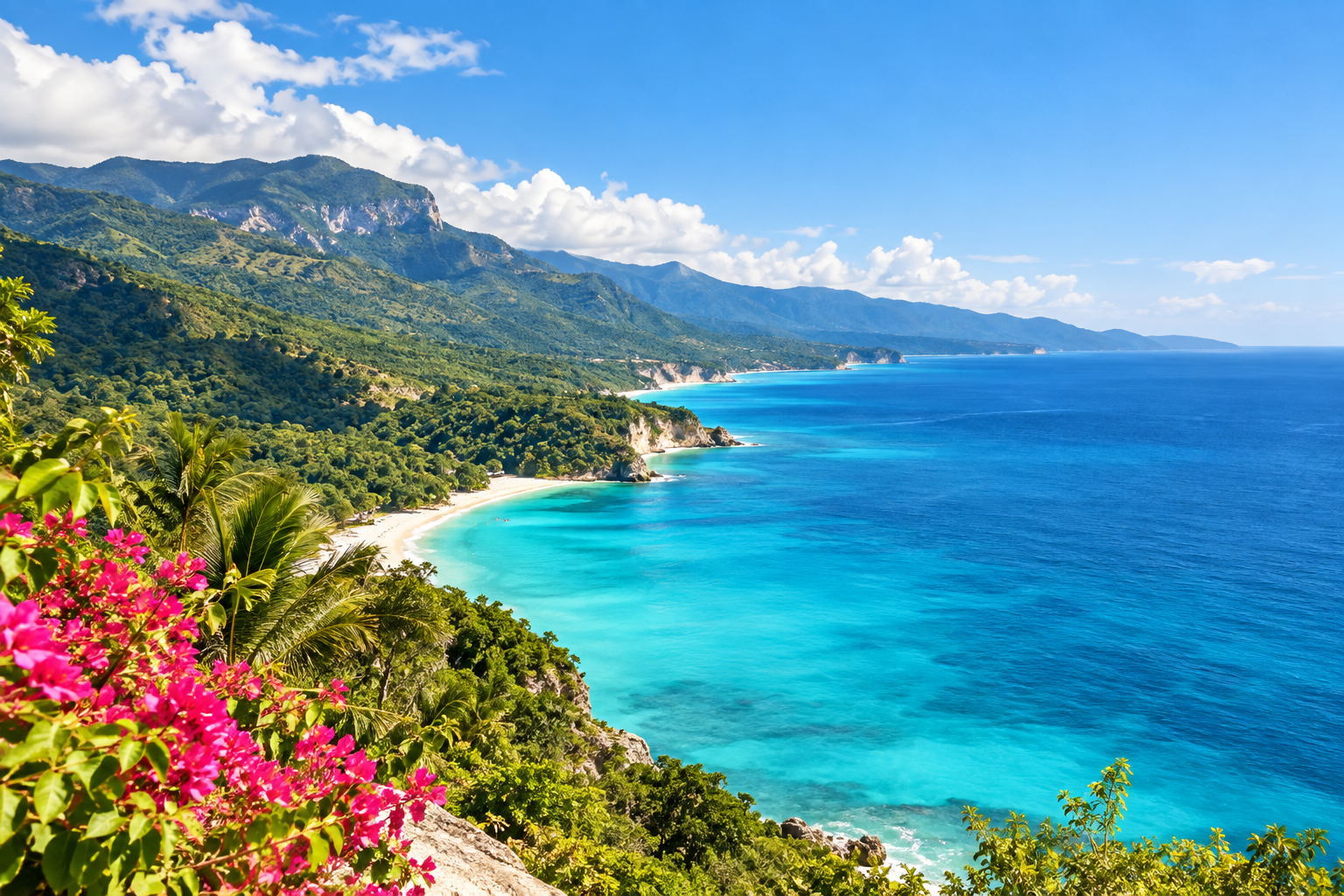 Caribbean coastline and mountains representing the Dominican Republic, home of Larimar — Crabby Mermaid