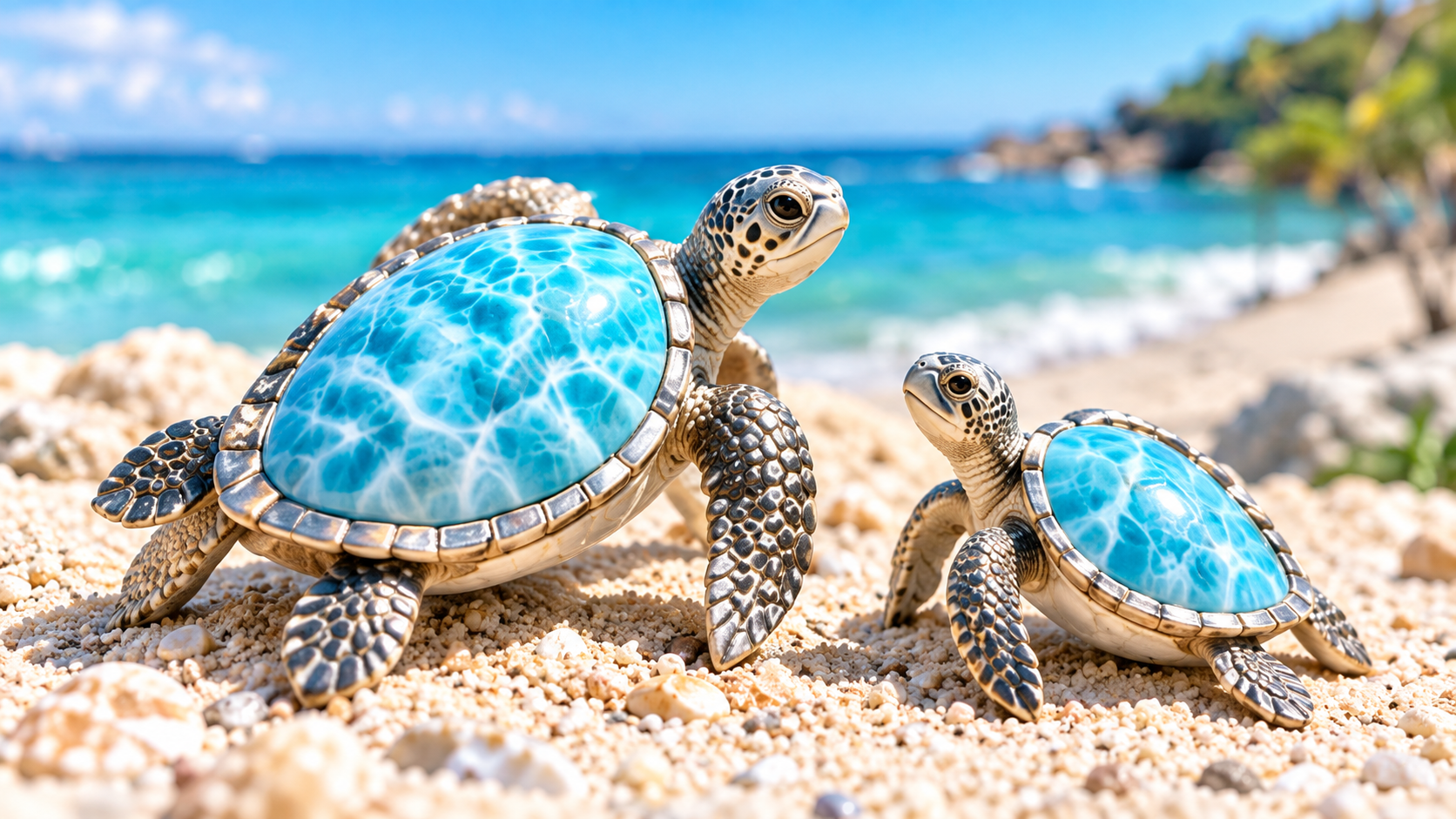 Two sea turtles with Larimar-inspired blue shells on a Caribbean beach — Crabby Mermaid