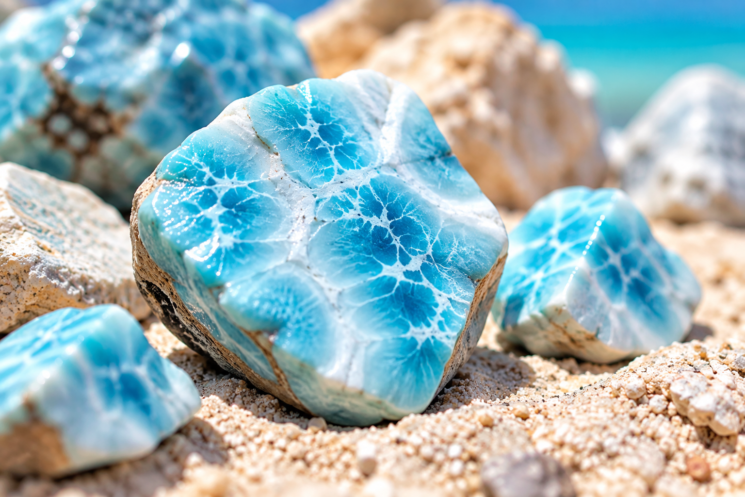 Natural blue Larimar stones on a Caribbean beach — Crabby Mermaid