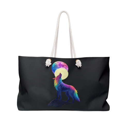 Rainbow Wolf Howling Moon Weekender Bag | Rainbow Moon Phases Tote