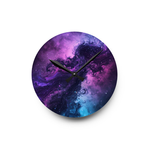 Galaxy Swirl Acrylic Wall Clock — Purple Nebula Space Decor