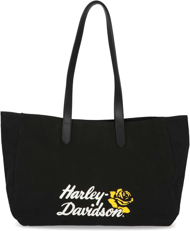 Harley-Davidson Women's H-D Rose Summer Canvas Tote Bag w/Leather Straps, Black