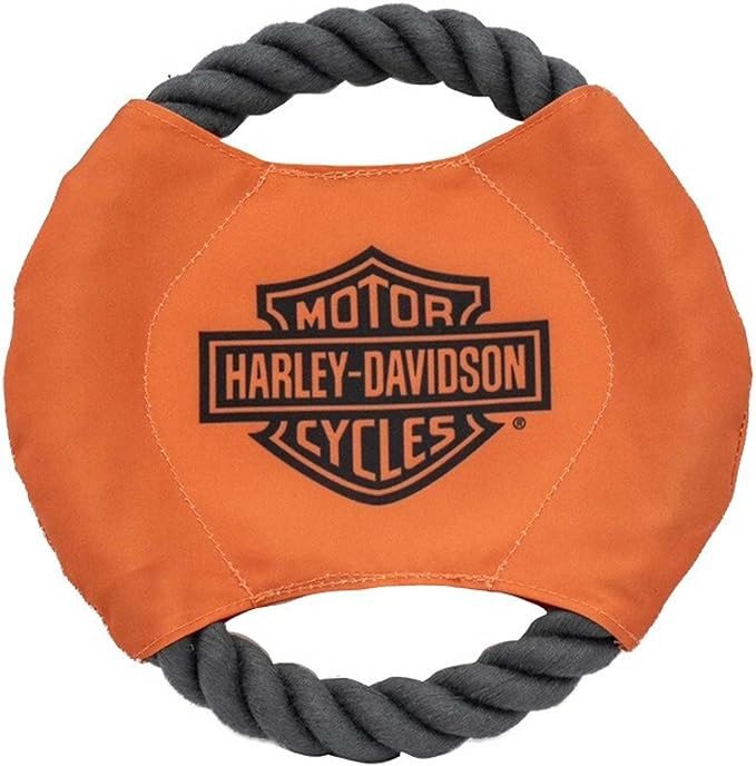 Harley-Davidson Bar & Shield Rope Disc Dog Toy – Size Small, Orange & Black