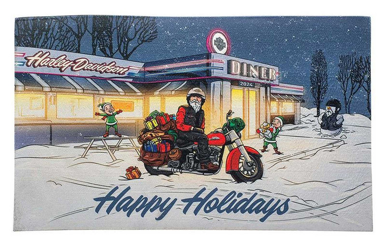 Harley-Davidson® Biker Santa Happy Holidays Entry Mat, Printed Thick Rubber Mat