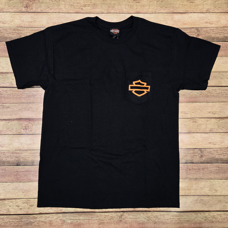 MEN'S BLACK H-D OPEN B&S POCKET T-SHIRT - POST CARD
