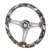 350mm Green Skull & Rose Style 2" Deep Dish 3-Spoke Wooden Steering Wheel (Chrome)