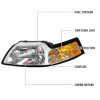 1999-2004 Ford Mustang Factory Style Headlights w/ Amber Reflectors (Chrome Housing/Clear Lens)