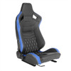 Fully Reclinable Black & Blue PVC Leather White Stitch Bucket Racing Seat w/ Sliders - Passenger Side Only