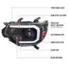 2012-2015 Toyota Tacoma LED C-Bar Projector Headlights w/ LED Parking Light (Matte Black Housing/Clear Lens)