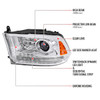 2013-2018 Ram 1500 2500 3500 Sequential LED Bar Signal Projector Headlights (Chrome Housing/Clear Lens)