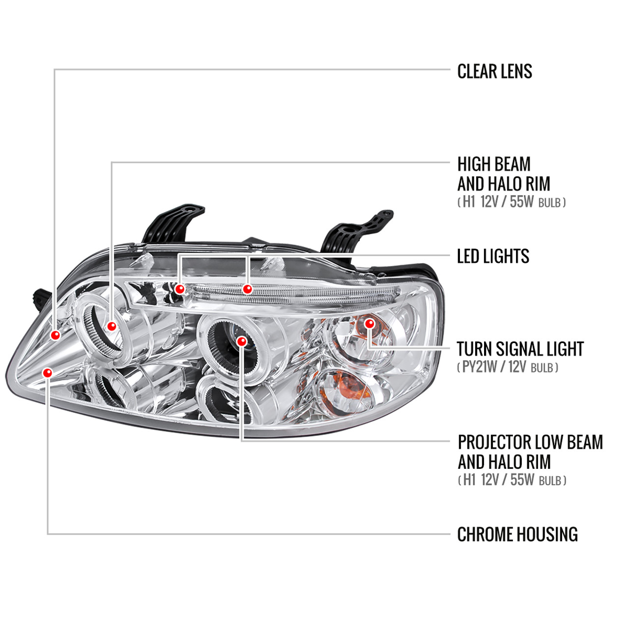 2004 2008 Chevrolet Aveo Dual Halo Projector Headlights Chrome Housing Clear Lens K2 Motor