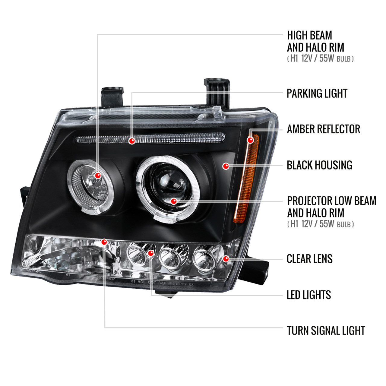 2005-2012 Nissan Xterra Dual Halo Projector Headlights (Matte Black  Housing/Clear Lens) K2 Motor