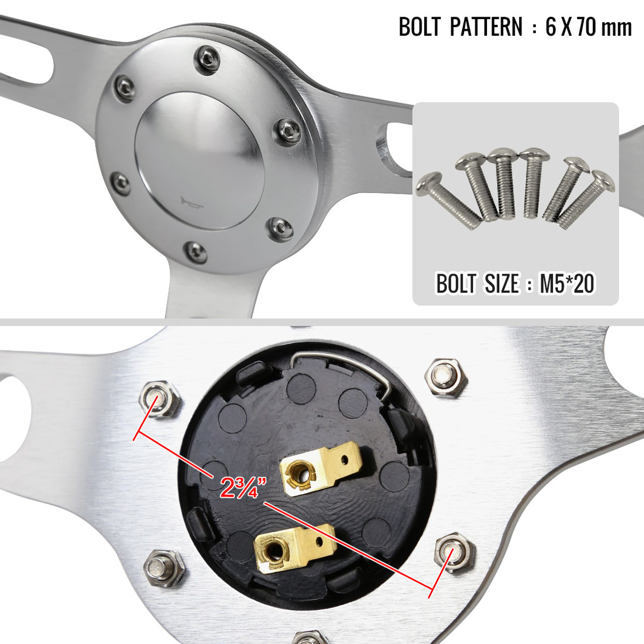 380mm 2 Deep Dish Aluminum 3 Spoke Wood Plastic Composite Steering Wheel K2 Motor