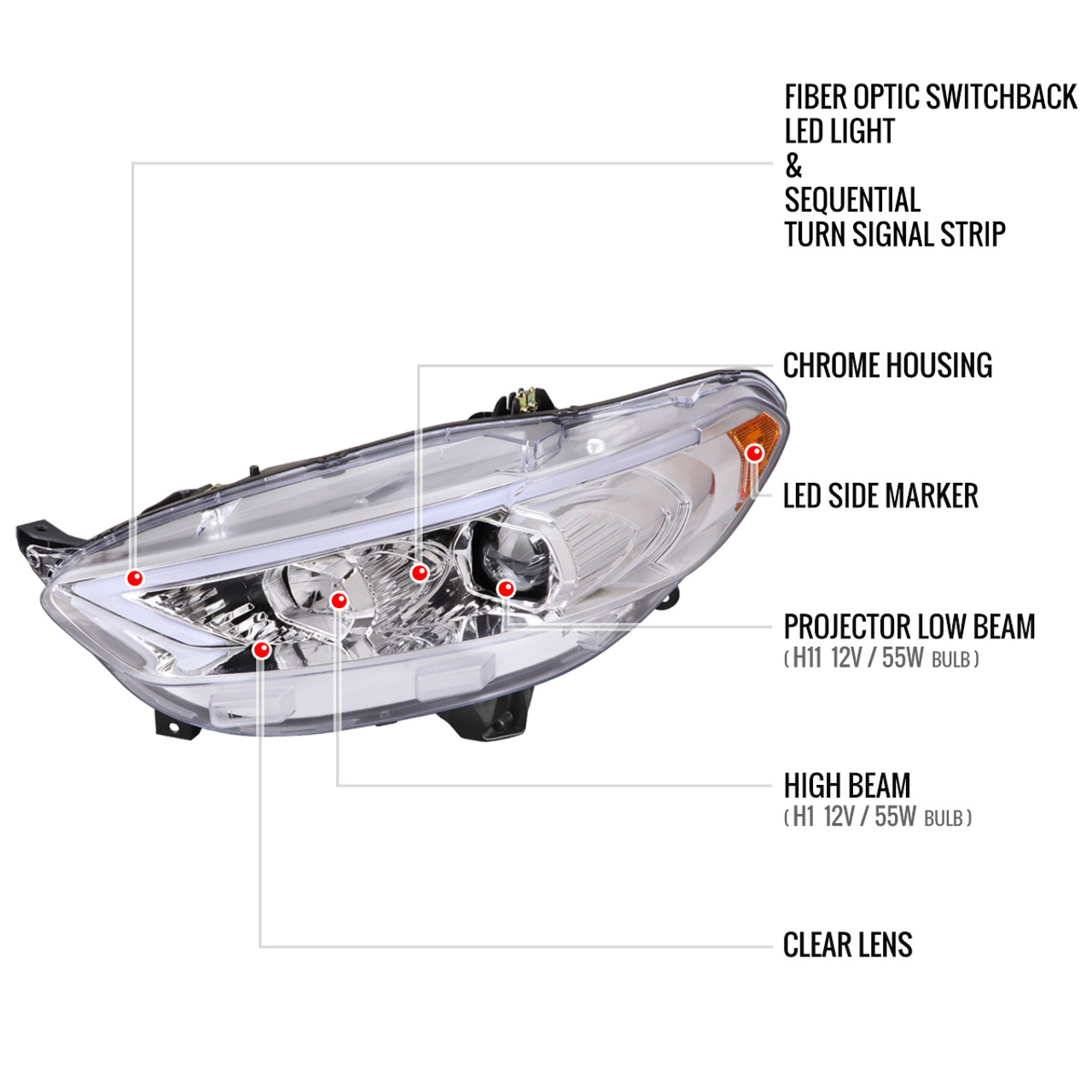 2013-2016 Ford Fusion Switchback Sequential Turn Signal Projector