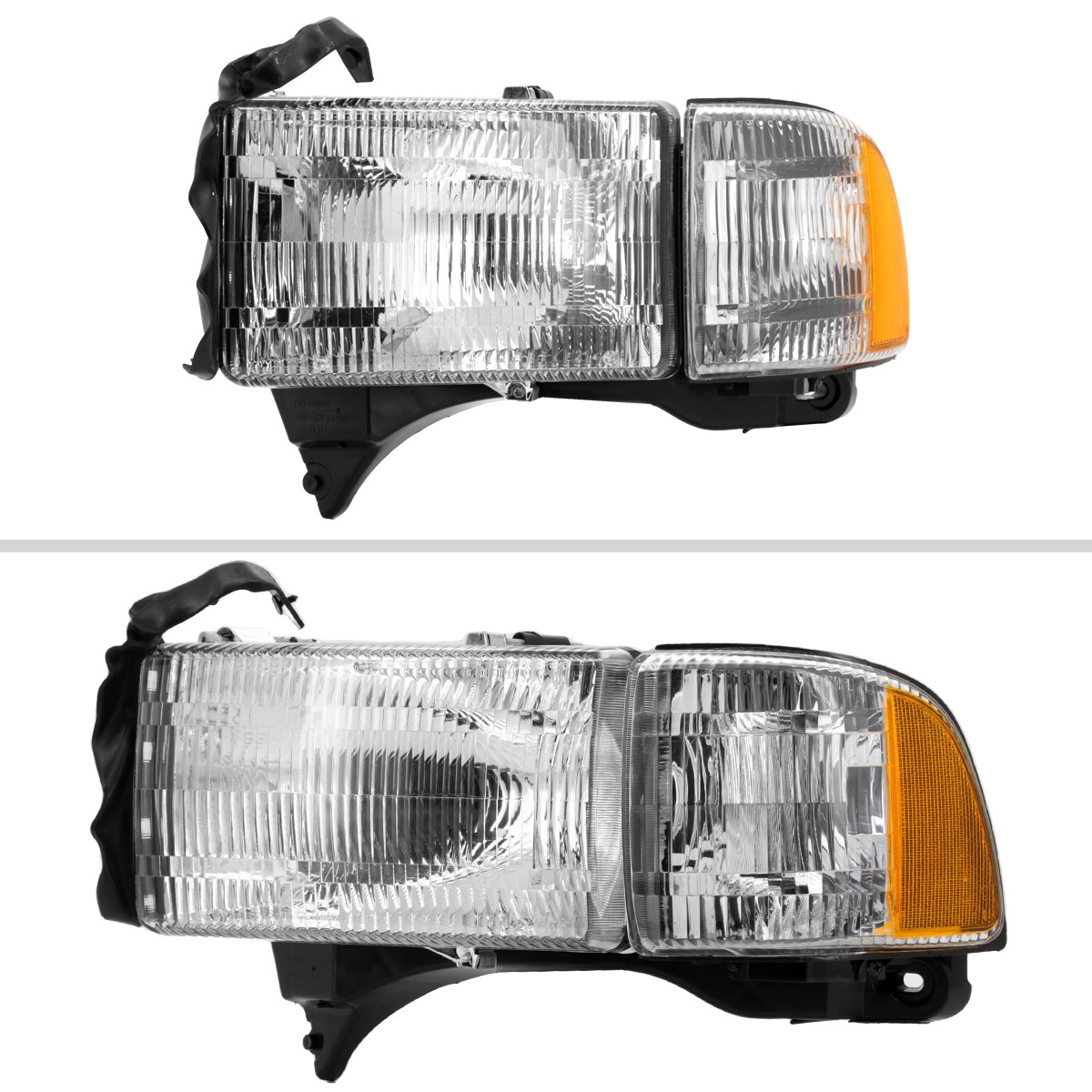 Chrome & Amber Headlight Set For 94-02 Dodge Ram 1500-3500 - Replacement Lamps