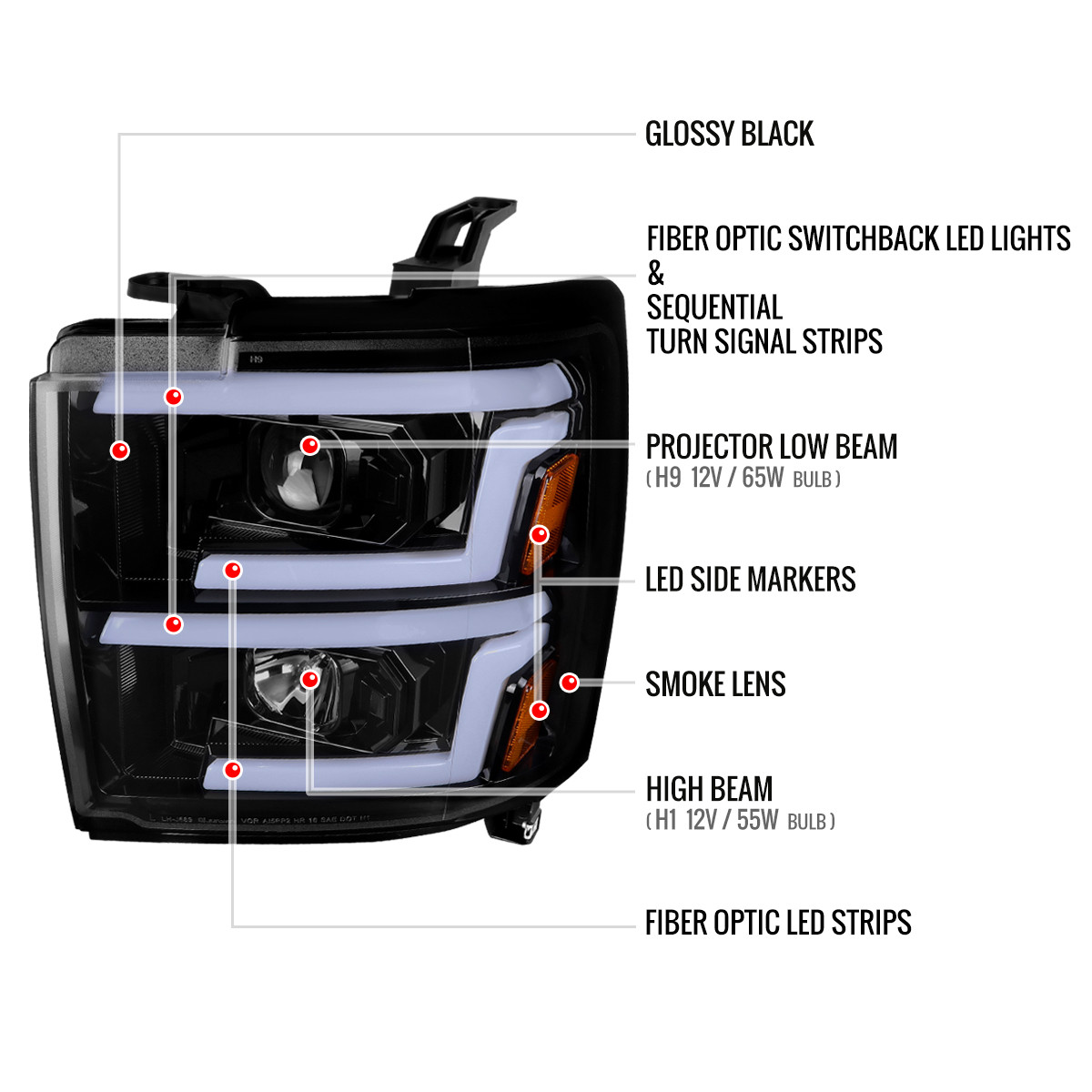 DPT Motorsports Projector Headlight Lamp For 2015-2019 Chevy Silverado 2500HD/3500HD – Black/Amber, Halogen, Bulbs Included