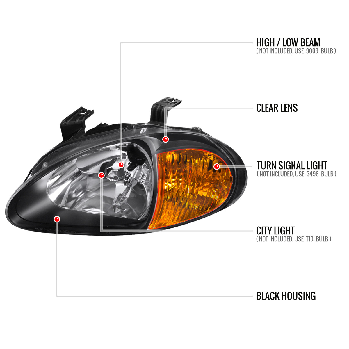 1993-1997 Honda Del Sol Crystal Headlights w/ Amber Reflector