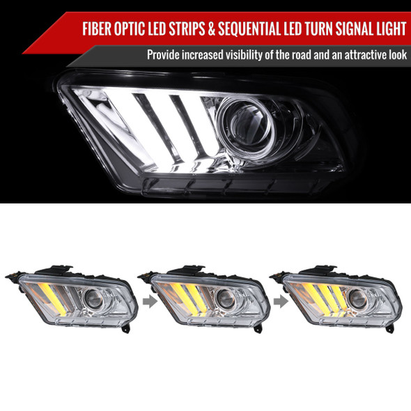 2010-2014 Ford Mustang Sequential LED Bar Projector Headlights (Chrome Housing/Clear Lens)