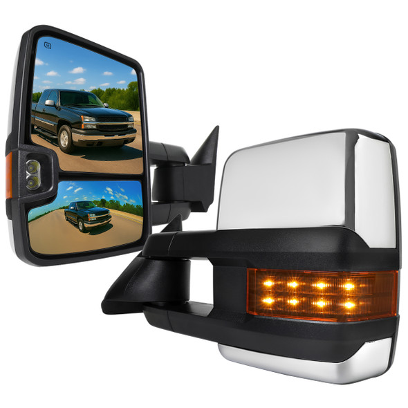 2002-2007 Chevrolet Silverado/Suburban/Tahoe/Avalanche GMC Sierra/Yukon/Yukon XL Power Heated Chrome Towing Mirrors w/ Amber Lens LED Turn Signal & Clearance Lights