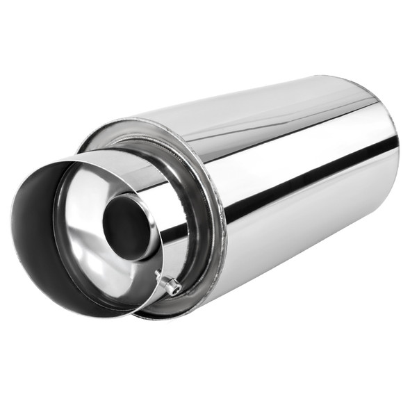 Universal 3" Inlet/4" Outlet Stainless Steel Spiral Flow Exhaust Muffler w/ Slanted Tip