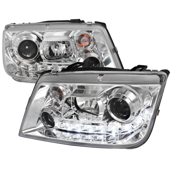 1999-2004 Volkswagen Jetta/Bora Projector Headlights w/ R8 Style LED Light Strip (Chrome Housing/Clear Lens)