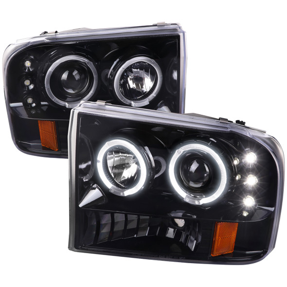 1999-2004 Ford F-250/F-350/F-450/F-550/Excursion Dual Halo Projector Headlights (Jet Black Housing/Clear Lens)