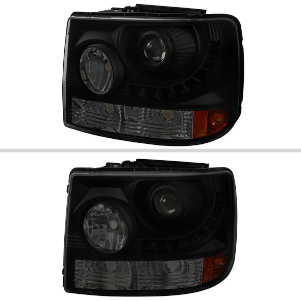 1999-2002 Chevrolet Silverado 1PC Projector Headlights w/ LED Light Strip & Bumper Lights (Black Housing/Smoke Lens)