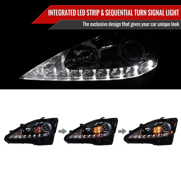 2006-2010 Lexus IS250/IS350 SMD LED Light Strip Projector Headlights w/ Sequential Turn Signals (Glossy Black Housing/Smoke Lens)