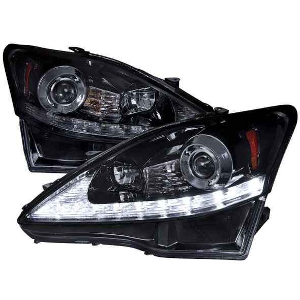 2006-2010 Lexus IS250/IS350 SMD LED Light Strip Projector Headlights w/ LED Turn Signal Lights (Glossy Black Housing/Smoke Lens)