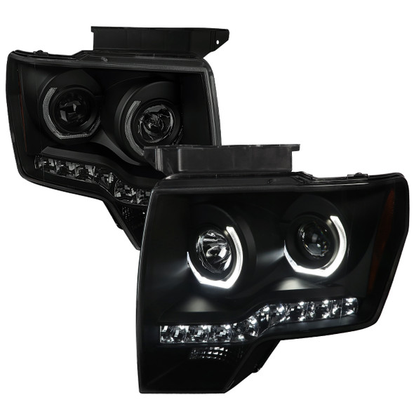 2009-2014 Ford F-150 Dual U-Ring Halo Projector Headlights w/ LED Light Strip (Black housing/Smoke Lens)