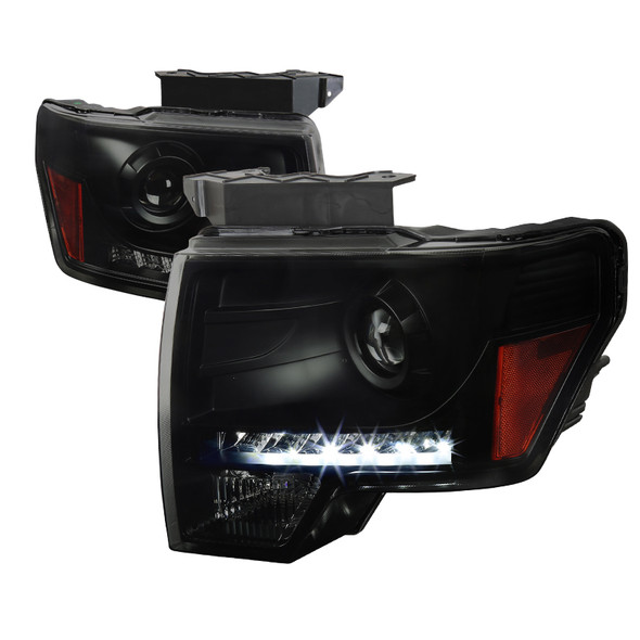 2009-2014 Ford F-150 Projector Headlights w/ LED Light Strip (Black Housing/Smoke Lens)