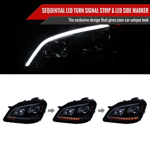 2006-2008 Mercedes Benz W164 ML Class LED Bar Projector Headlights w/ Sequential Turn Signal Lights (Glossy Black Housing/Smoke Lens)