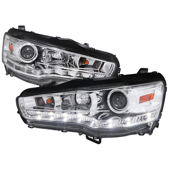 2008-2015 Mitsubishi Lancer EVO Projector Headlights w/ SMD LED Light Strip (Chrome Housing/Clear Lens)