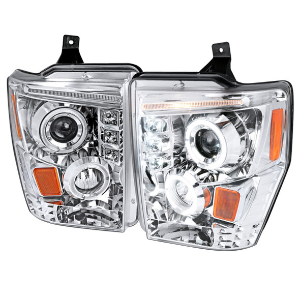 2008-2010 Ford F-250 F-350 F-450 Dual Halo Projector Headlights (Chrome Housing/Clear Lens)