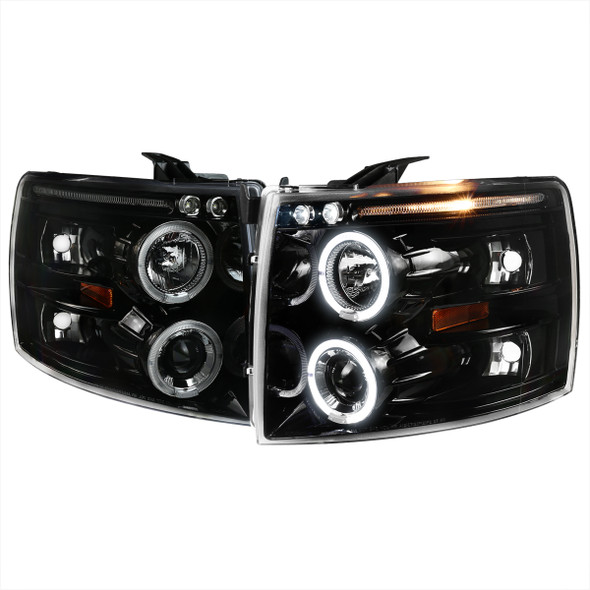 2007-2013 Chevrolet Silverado 1500/ 2007-2014 Silverado 2500HD 3500HD Dual Halo Projector Headlights (Jet Black Housing/Clear Lens)