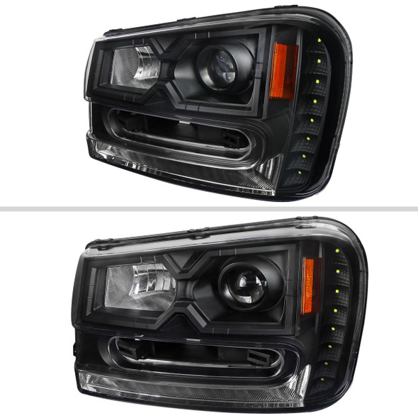 2002-2009 Chevrolet Trailblazer Projector Headlights w/ LED Light Strip (Matte Black Housing/Clear Lens)