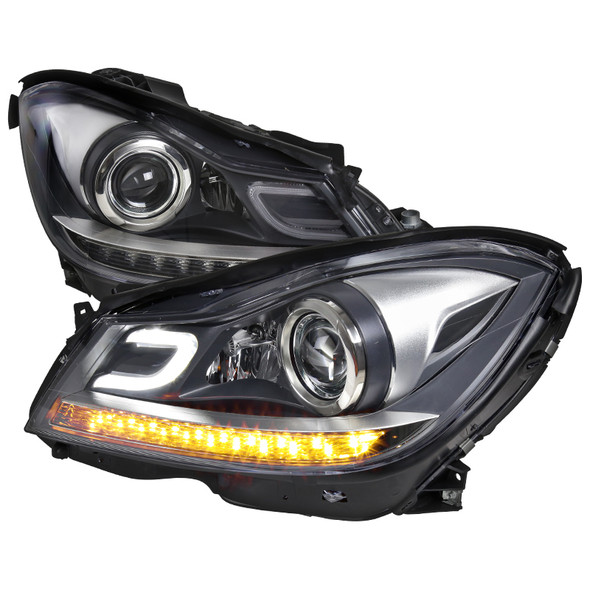 2012-2014 Mercedes Benz W204 C Class Projector Headlights w/ LED Turn Signal Lights (Matte Black Housing/Clear Lens)