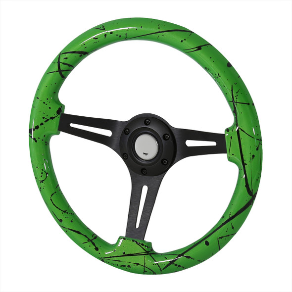 350mm Cobra Green 2" Deep Dish Aluminum 3-Spoke Wooden Steering Wheel (Black)