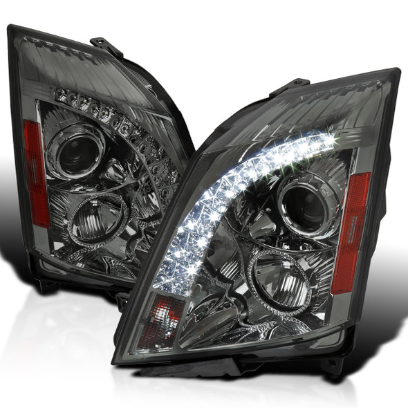 2008-2014 Cadillac CTS SMD LED Light Strip Projector Headlights (Chrome Housing/Smoke Lens)