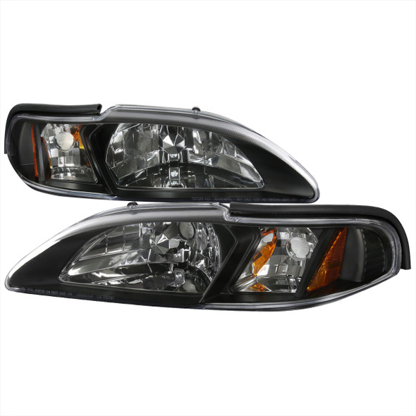 1994-1998 Ford Mustang 1PC Crystal Headlights w/ Amber Reflectors (Matte Black Housing/Clear Lens)