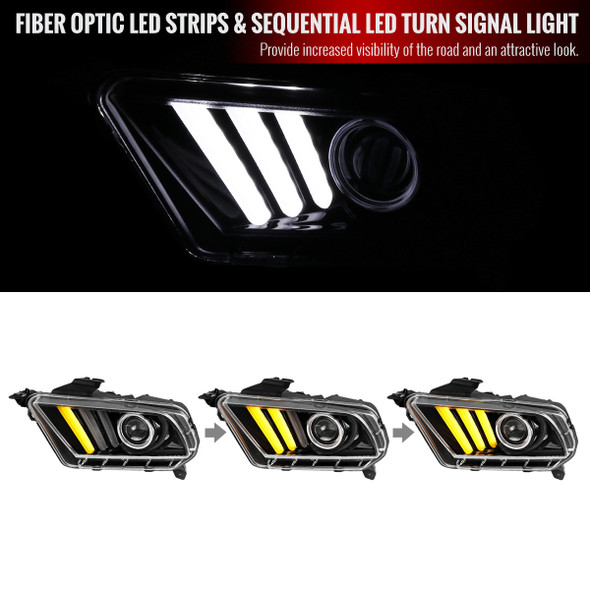 2010-2014 Ford Mustang LED Bar Projector Headlights w/ Sequential Turn Signals (Jet Black Housing/Clear Lens)