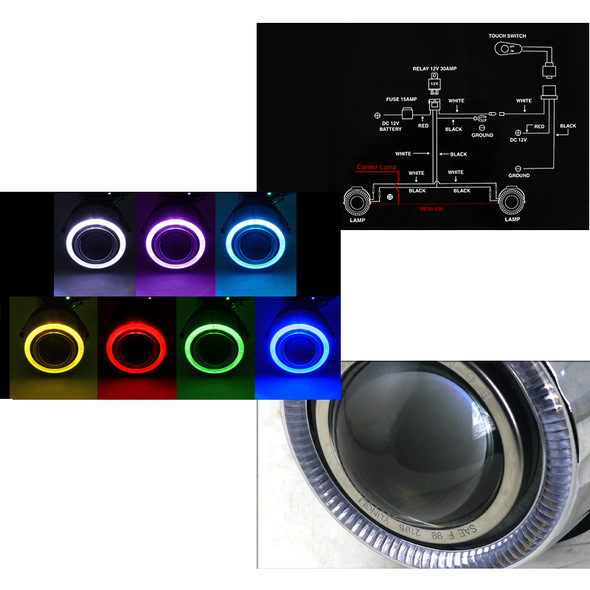 Universal 12V/55W H7 Projector Fog Lights Kit w/ RGB LED Halo Rim (Chrome Housing/Clear Lens)