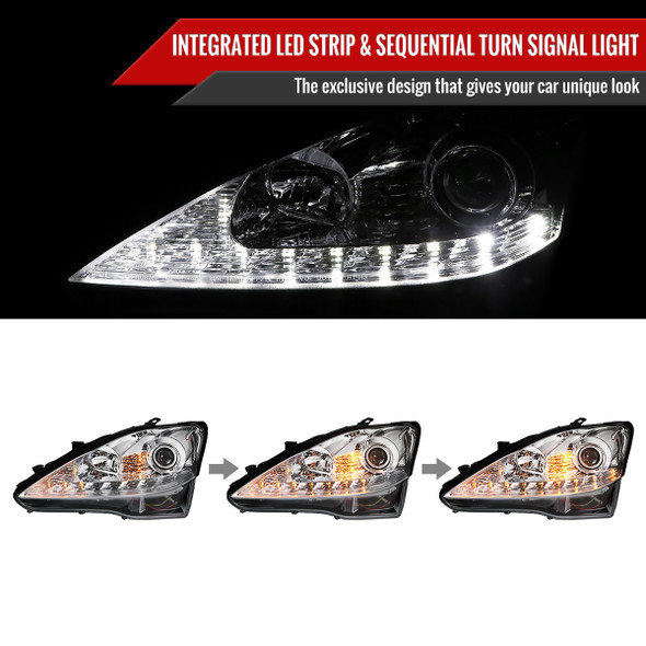 2006-2010 Lexus IS250/IS350 SMD LED Light Strip Projector Headlights w/ Sequential Turn Signal Lights (Chrome Housing/Clear Lens)