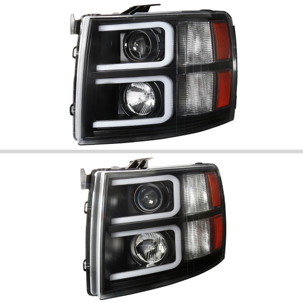 2007-2013 Chevrolet Silverado 1500/ 2007-2014 Silverado 2500HD 3500HD Dual LED C-Bar Projector Headlights (Matte Black Housing/Clear Lens)