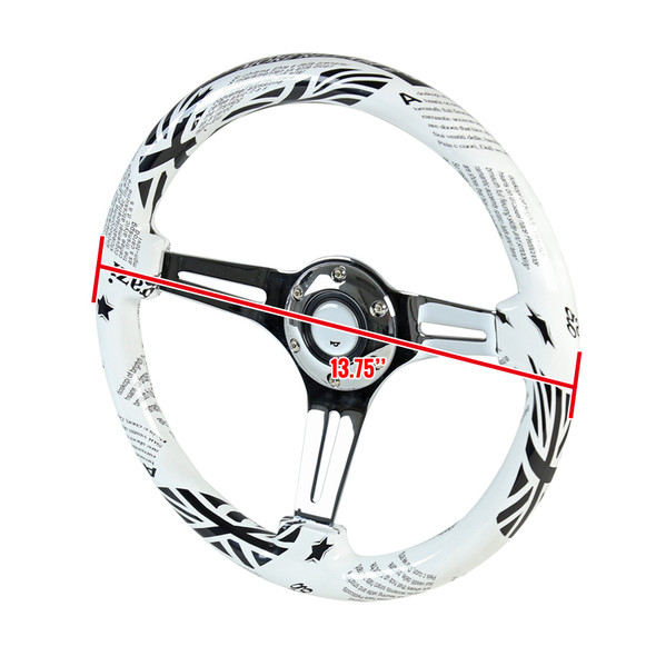 350mm Black & White Style 2" Deep Dish Aluminum 3-Spoke Wooden Steering Wheel (Chrome)