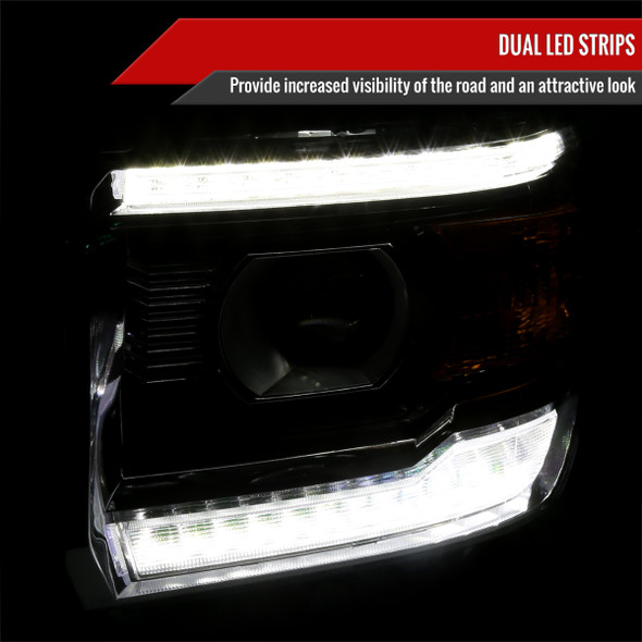 2014-2019 GMC Sierra LED Light Strip Projector Headlights (Chrome Housing/Clear Lens)
